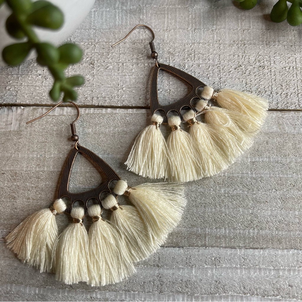 Bohemian Cream Colored Tassel Copper Dangle Earrings! New!